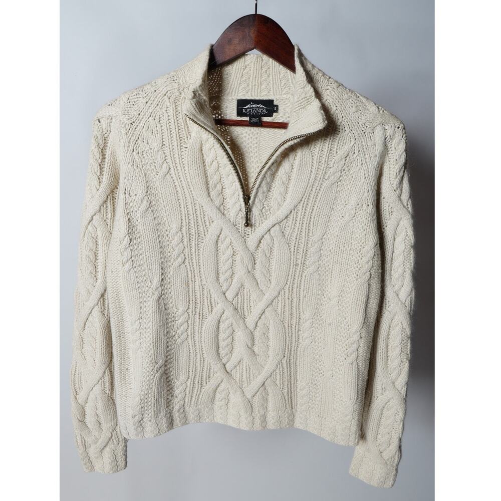 Icelandic Design Ivory Cable Knit Popover Half Zip Sweater Size S